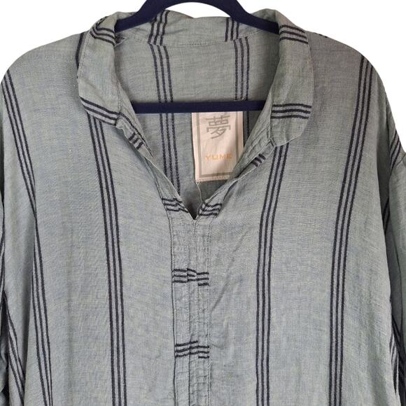 YUME 100% Linen Rare Navy Blue Stripe Dress Tunic Longsleeve Boho Lagenlook L - Picture 2 of 10